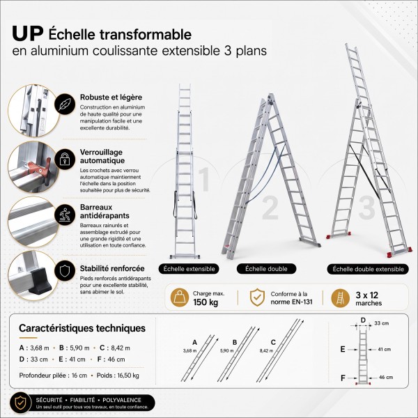 UP Échelle Transformable 3 Plans Aluminium coulissante extensible