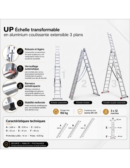 UP Échelle Transformable 3 Plans Aluminium coulissante extensible