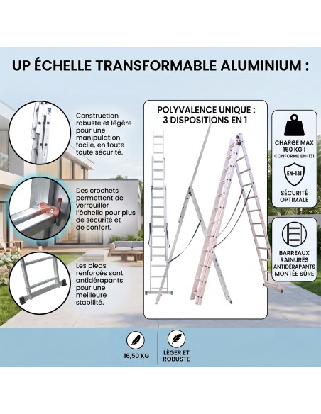 UP Échelle Transformable 3 Plans Aluminium coulissante extensible