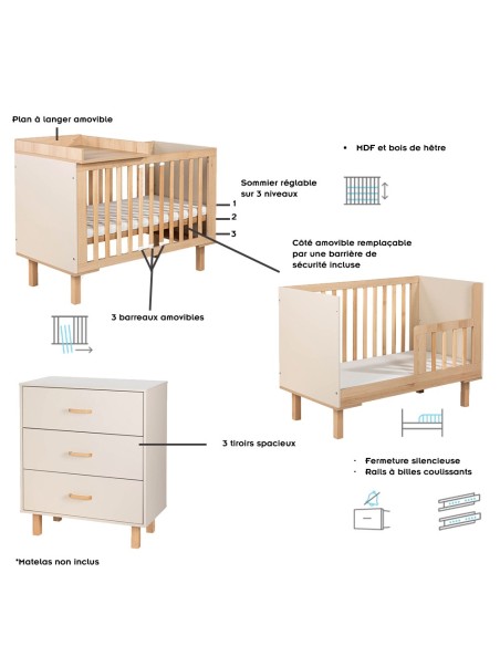 LAURA Ensemble bébé commode et lit évolutif 120x60