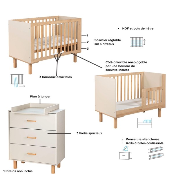 LAURA Ensemble bébé commode et lit évolutif 120x60