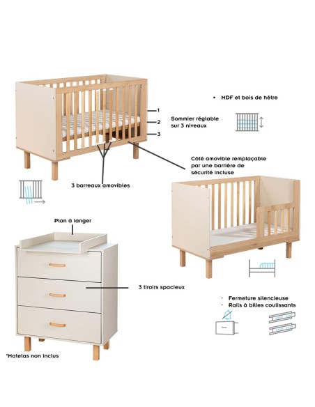 LAURA Ensemble bébé commode et lit évolutif 120x60