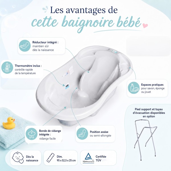 Baignoire bébé avec réducteur et thermomètre intégré