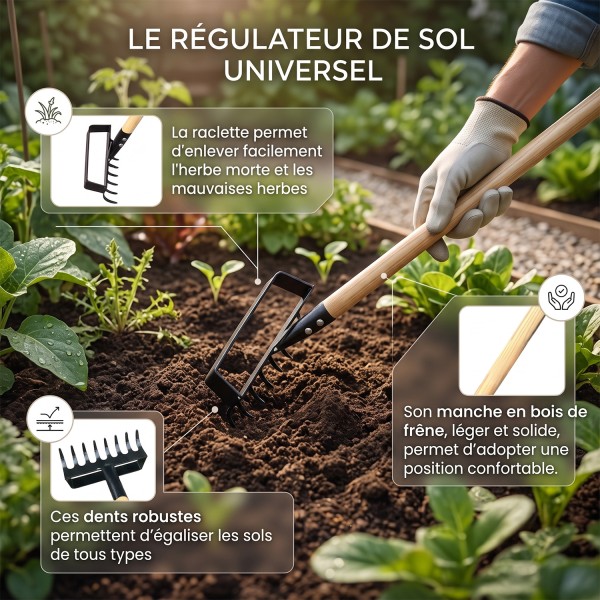 OGROD - Râteau binette 2 en 1 acier, manche frêne FSC