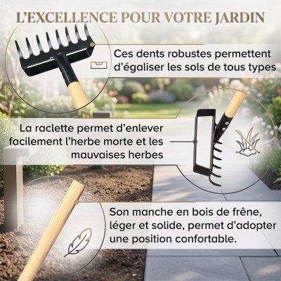 Râteaux avec raclette en acier manche long en bois de frêne 2