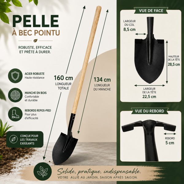 Bêche plate avec rebord en acier manche long en bois de frêne FSC