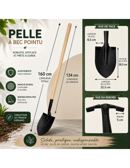 Bêche plate avec rebord en acier manche long en bois de frêne FSC