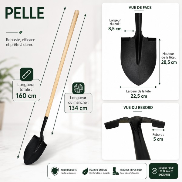 Bêche plate avec rebord en acier manche long en bois de frêne FSC