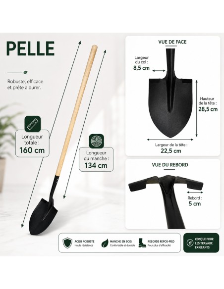 Bêche plate avec rebord en acier manche long en bois de frêne FSC