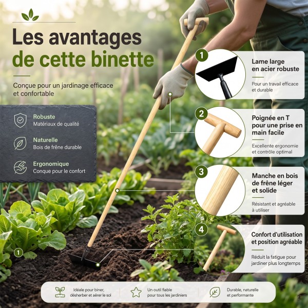Raclette de jardin à lame large bois de frêne FSC et poignée T