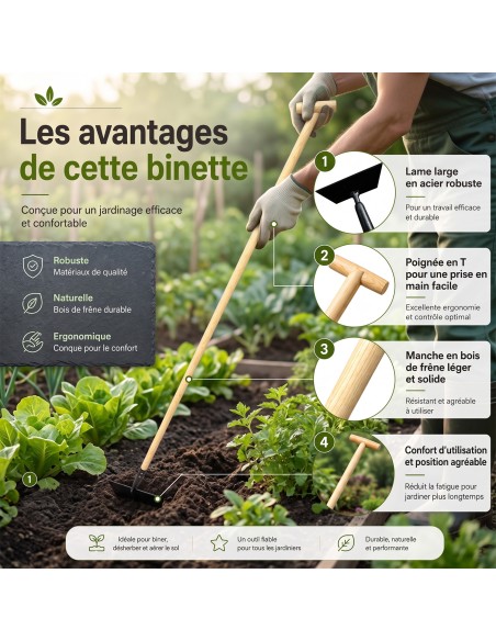 Raclette de jardin à lame large bois de frêne FSC et poignée T