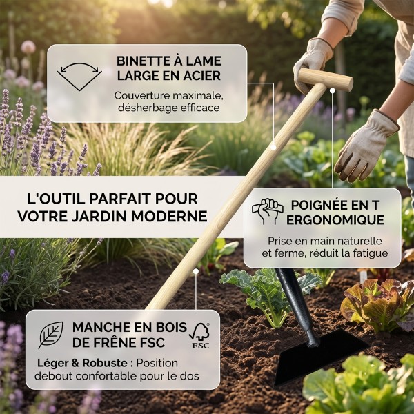 Raclette de jardin à lame large bois de frêne FSC et poignée T