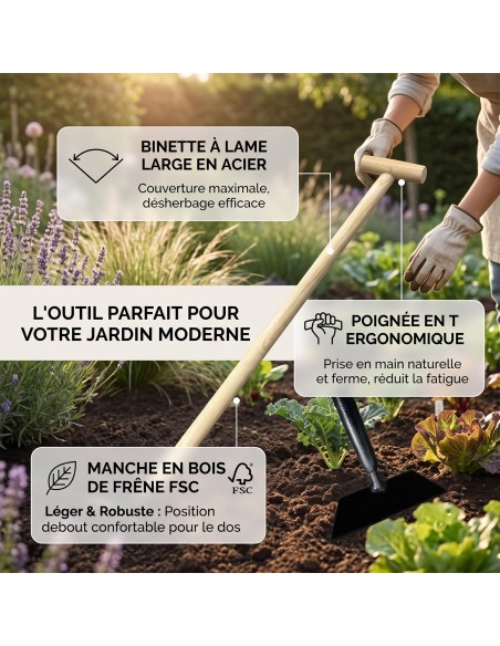 Raclette de jardin à lame large bois de frêne FSC et poignée T