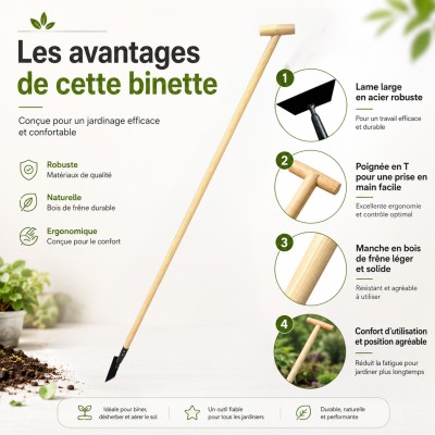 Raclette de jardin à lame large bois de frêne FSC et poignée suspendu 2