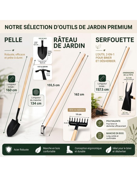 Lot de 3 outils de jardinage OGROD en frêne FSC