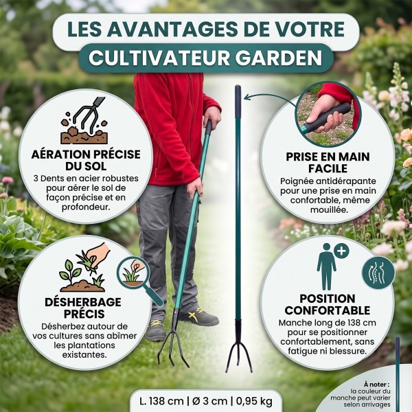 GARDEN Outils de jardinage - Cultivateur griffe piocheuse 3 dents avec manche long
