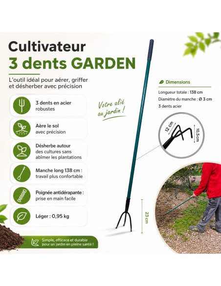 GARDEN Outils de jardinage - Cultivateur griffe piocheuse 3 dents avec manche long
