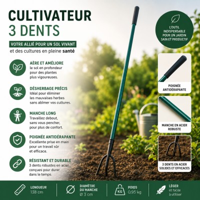 GARDEN Outils de jardinage - Cultivateur griffe piocheuse 3 dents avec manche long 2