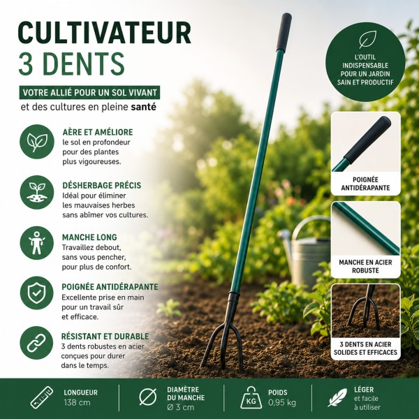 GARDEN Outils de jardinage - Cultivateur griffe piocheuse 3 dents avec manche long