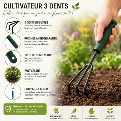 LITTLE Outils de jardinage à main - Cultivateur 3 dents avec manche court 2