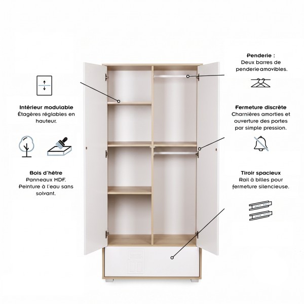 IDA Armoire penderie 2 portes avec étagères et 1 tiroir