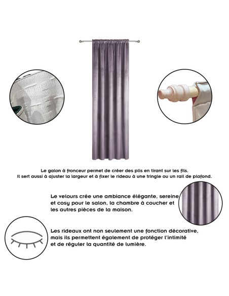 Rideau occultant en velours à galon fronceur