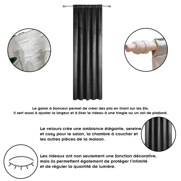 Rideau occultant en velours à galon fronceur