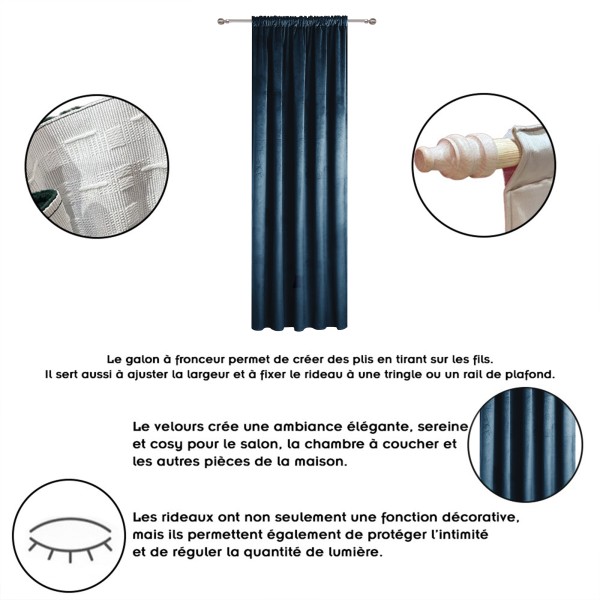 Rideau occultant en velours à galon fronceur