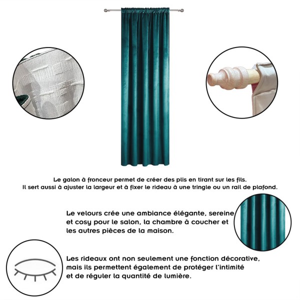 Rideau occultant en velours à galon fronceur