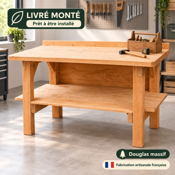 Établi livré monté en bois Douglas massif 150 cm avec étagère