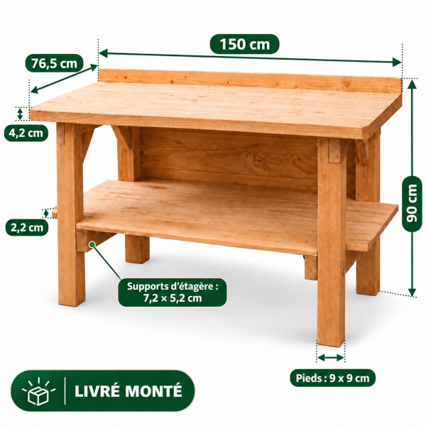 Établi livré monté en bois Douglas massif 150 cm avec étagère