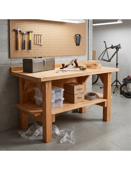 Établi livré monté en bois Douglas massif 150 cm avec étagère