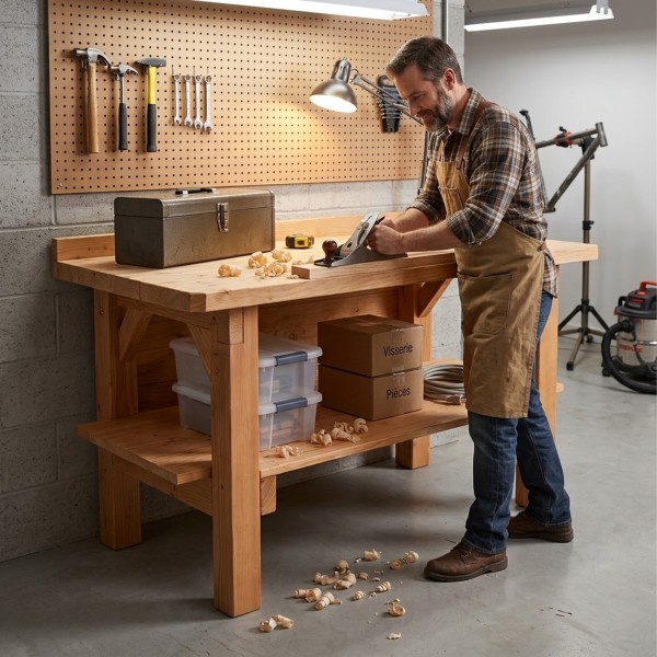 Établi livré monté en bois Douglas massif 150 cm avec étagère