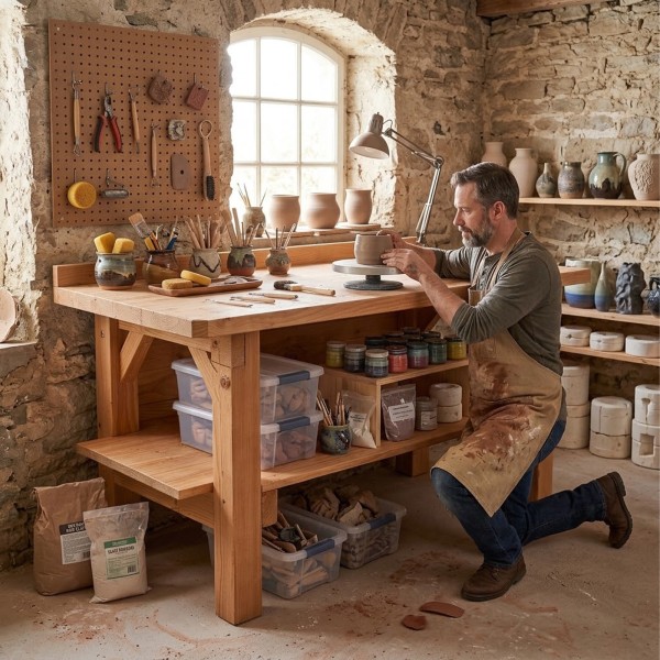 Établi livré monté en bois Douglas massif 150 cm avec étagère