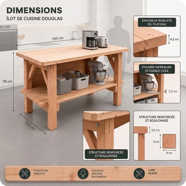 Îlot central de cuisine en Douglas massif 150 cm – livré monté