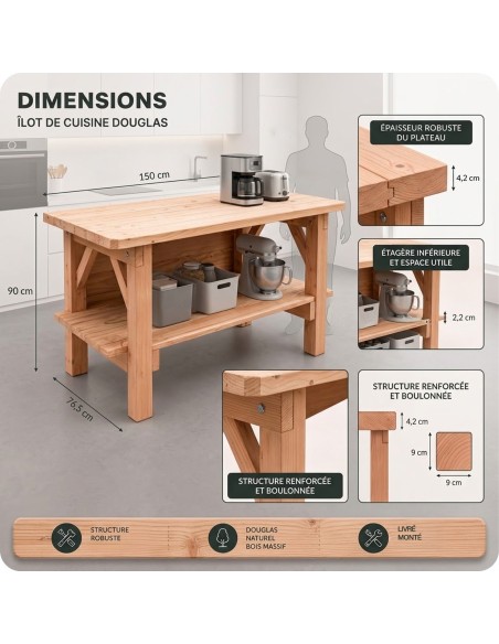 Îlot central de cuisine en Douglas massif 150 cm – livré monté