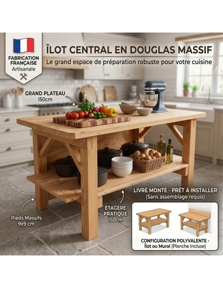Îlot central de cuisine en Douglas massif 150 cm – livré monté
