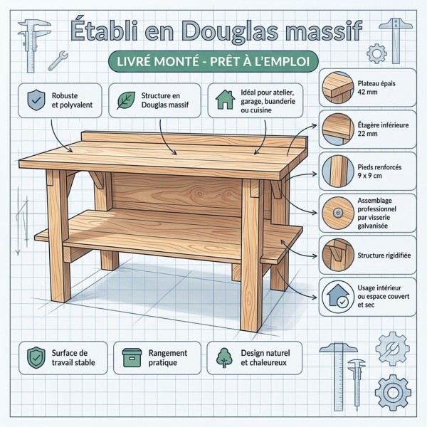 Établi livré monté en bois Douglas massif 150 cm avec étagère