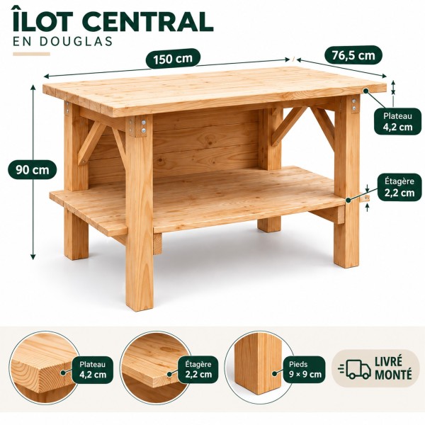 Îlot central en Douglas massif 150 cm livré monté | MMD