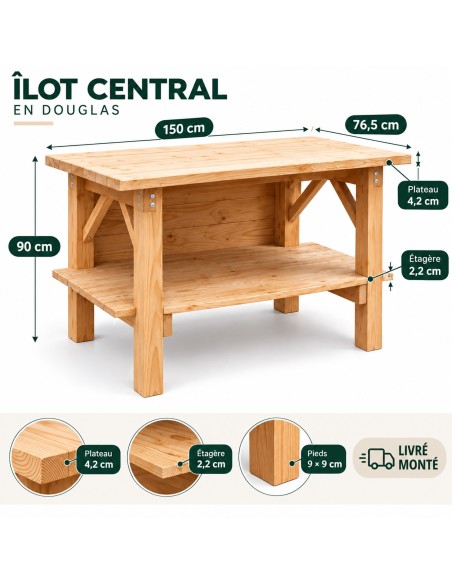 Îlot central en Douglas massif 150 cm livré monté | MMD
