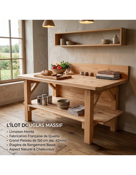 Îlot central de cuisine en Douglas massif 150 cm – livré monté