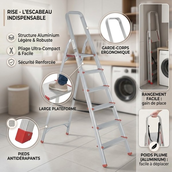 RISE Escabeau pliable en aluminium avec pieds antidérapants
