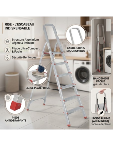 RISE Escabeau pliable en aluminium avec pieds antidérapants