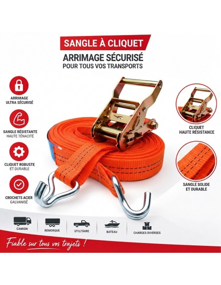 Sangle d'Arrimage à Cliquet 2T - Sécurité Maximale Camion et Utilitaire