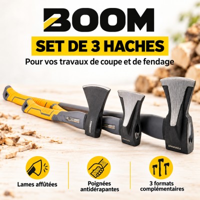 Set de 3 haches BOOM avec poignées antidérapantes pour la coupe et la fente de bois. 2