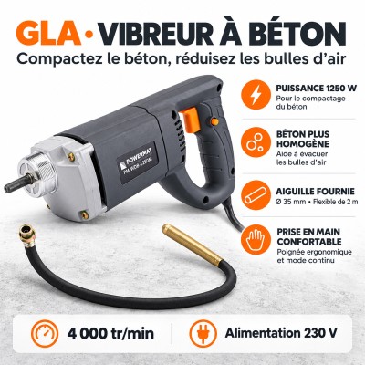 Vibreur à béton électrique 1250W avec son aiguille vibrante pour professionnels. 2