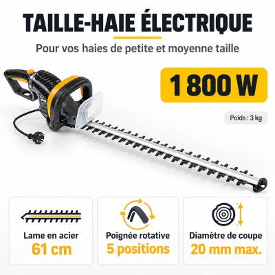 Taille-haie électrique 1800W avec lame en acier de 61 cm et poignée rotative. 2
