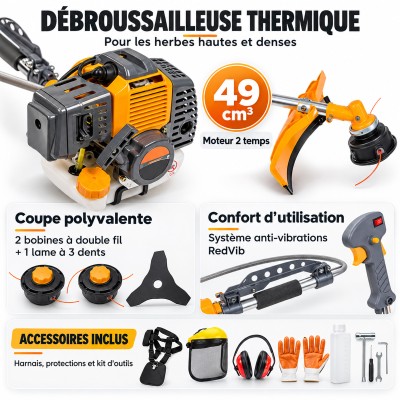 Débroussailleuse thermique moteur 2 temps 49 cm³ 6 CV avec kit d’accessoires. 2