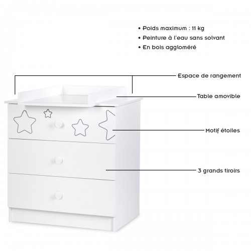 TINO commode à langer 3 tiroirs + plan à langer amovible motif étoiles 2
